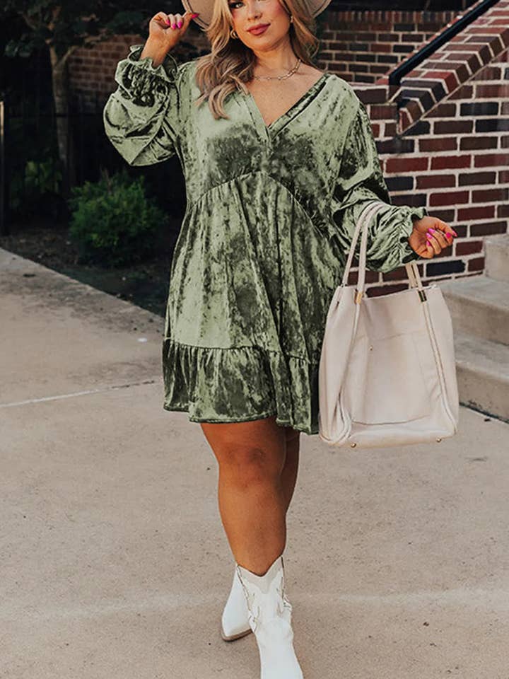 Lovesoft - Wholesale Dress - Women's - Coffee Plus Size Velvet Babydoll Mini Dress with Puff Sleeve5