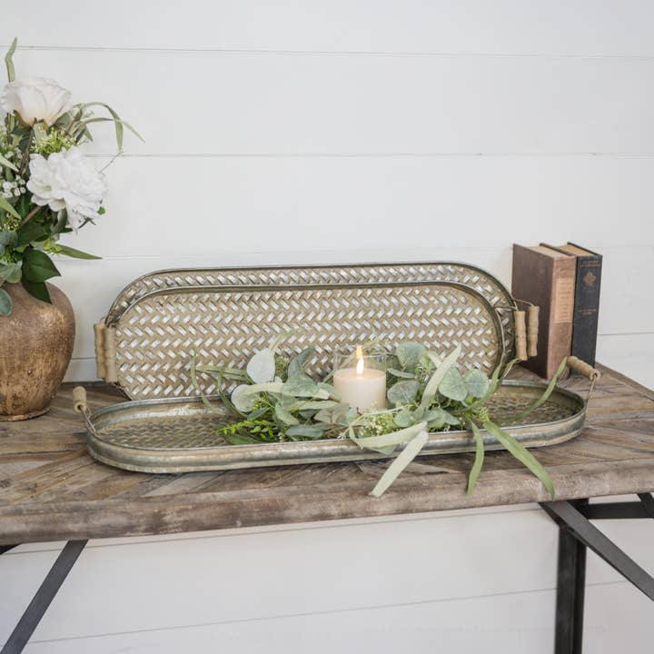 Ragon House - Vente Plateaux décoratifs - ENSEMBLE/ 3 PLATEAUX OVALES EN MÉTAL TRESSÉ