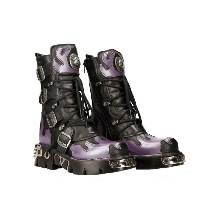 Nero Stivali da motociclista in pelle nera/rossa con teschio e fiamme New Rock - M-591-S5 in vendita all'ingrosso su Faire