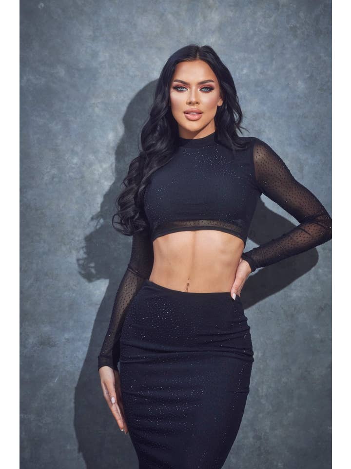 Black 2 PC Rhinestone Mesh Skirt Set for wholesale on Faire