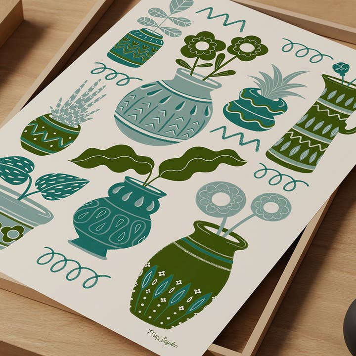 Green Pots & Plants Art Print – Retro Botanical Wall Art for wholesale by Maz Leyden