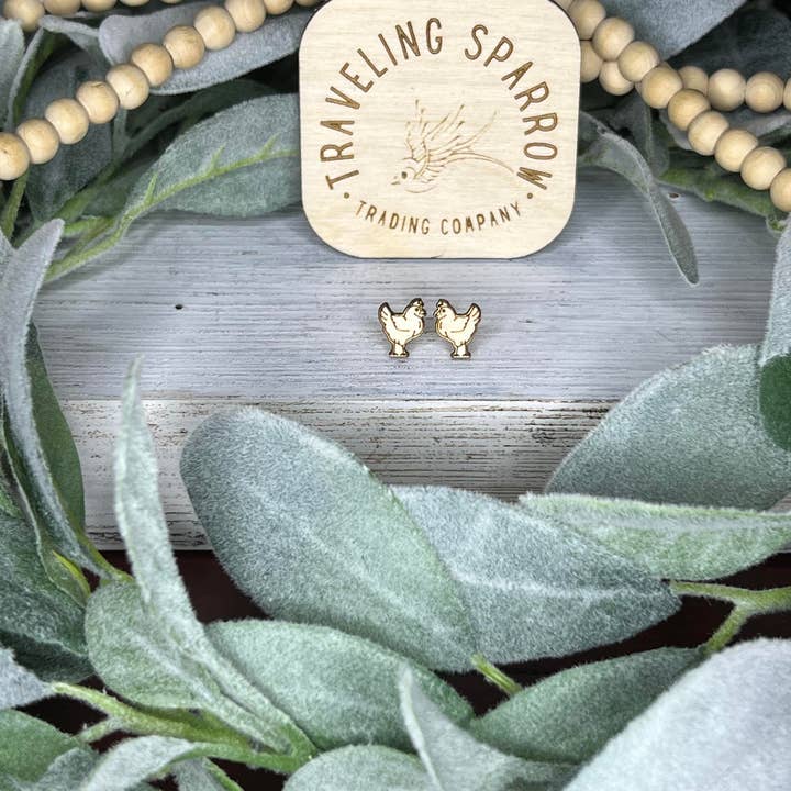 Chickens, Natural, Wood, Stud Earrings for wholesale by Traveling Sparrow