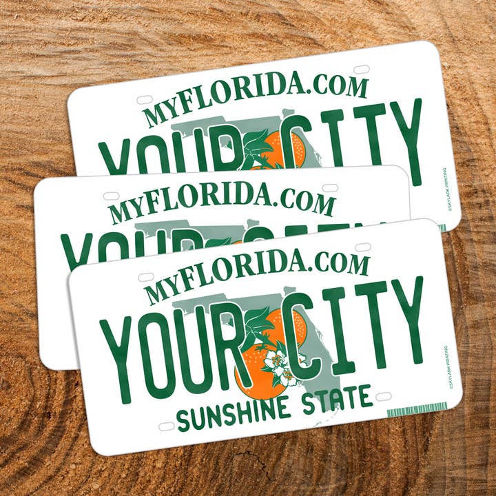Florida License Plate Souvenir Sticker with Your City, Text for wholesale by Skylark Printing