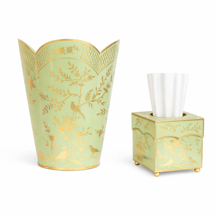 Cesto de Papéis e Lenços Chinoiserie Verde Primavera & Dourado por atacado de The Enchanted Home