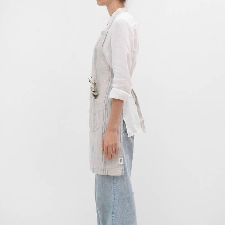 Linen Tales - Wholesale Apron - Grey Blue Wide Stripe Rustic Linen Daily Apron