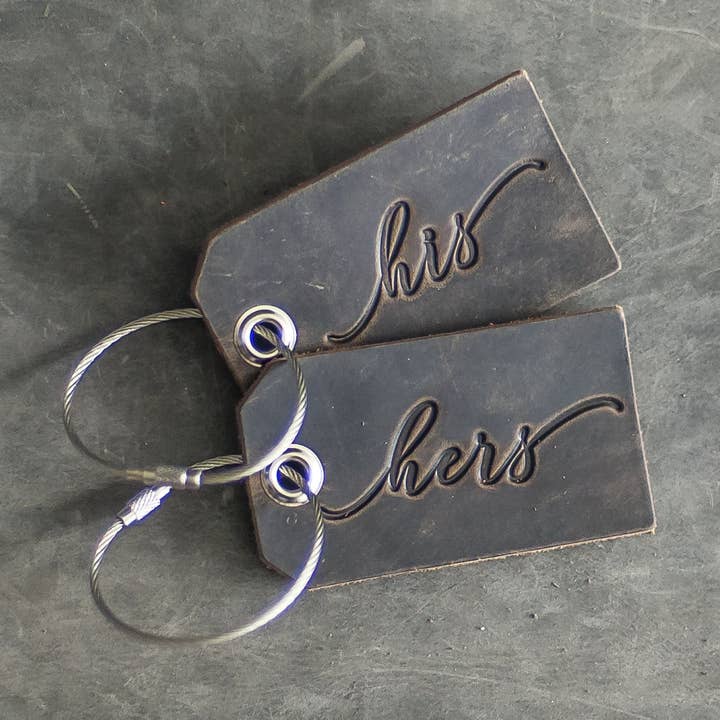 Set of His and Hers Stamped Leather Luggage Tags for wholesale by Ox & Pine