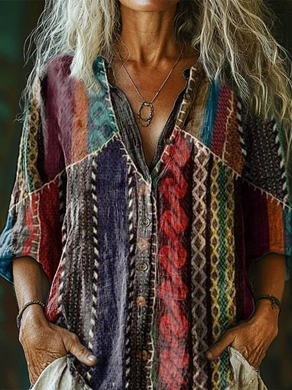 Rosa Clothing - Wholesale Shirt - Women's - Women Vintage Floral Print Long Sleeve Casual Boho Blouse32