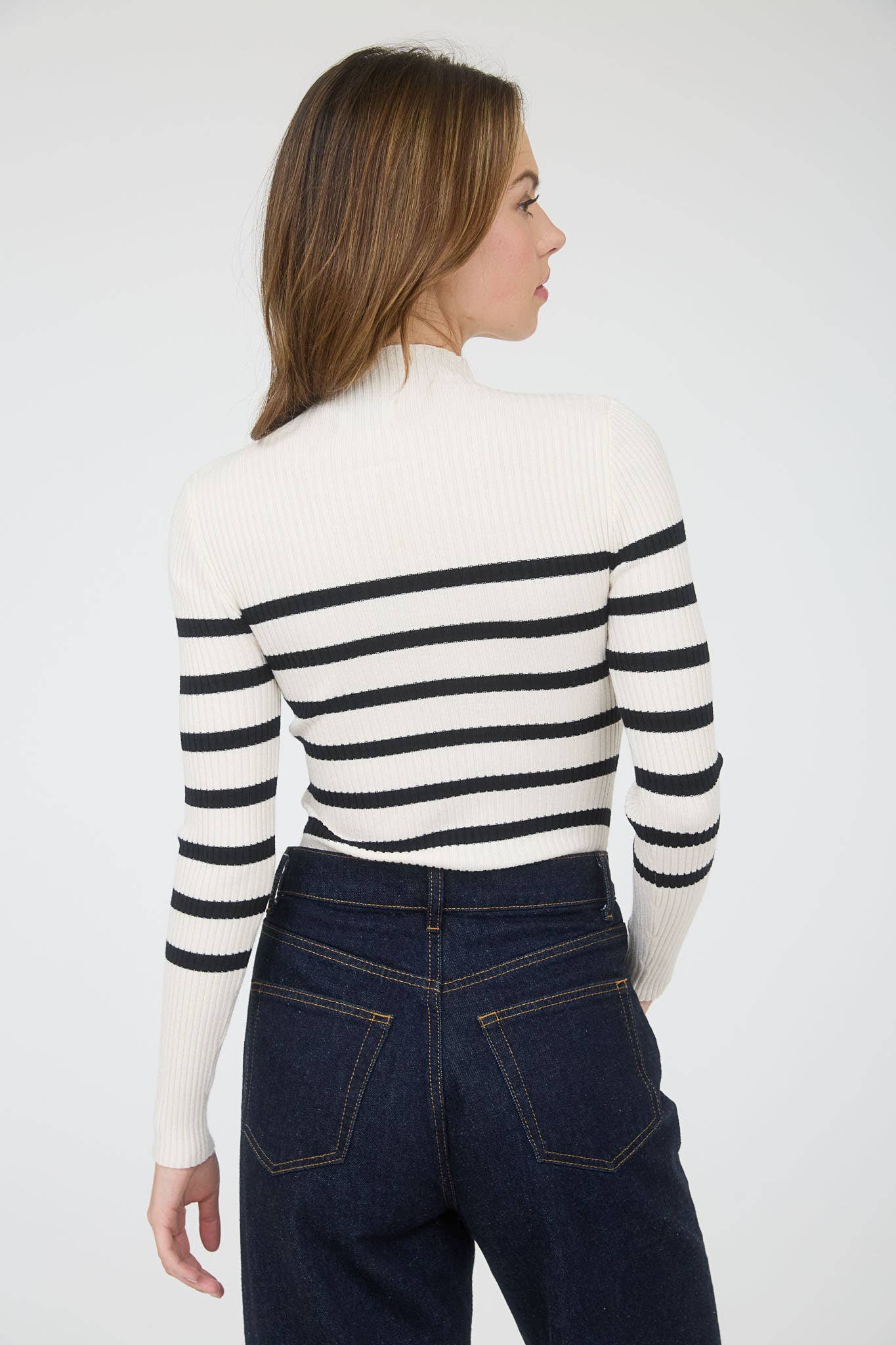 The Workshop Studio - Wholesale Knit Sweater - Women's - MOCK NECK STRIPE LONG SLEEVE SWEATER KNIT PULLOVER21
