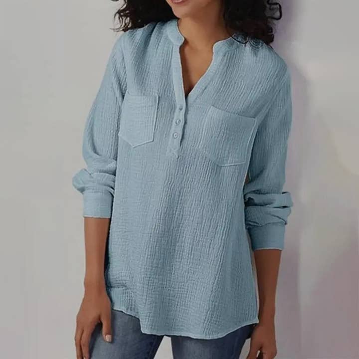 SOLID COLOR V NECK POCKET LOOSE STYLISH SHIRT_CWTSTL1138 for wholesale by Lily Clothing
