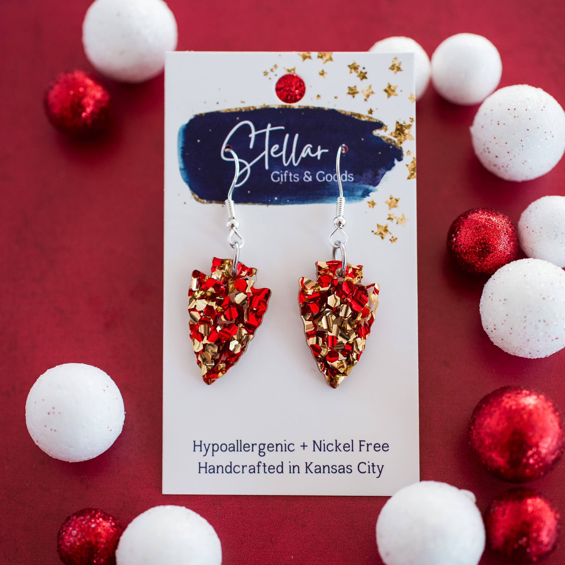 Stellar Gifts & Goods Wholesale - Wholesale Dangle Earrings - KC Football - Petite Chunky Glitter Arrowhead Dangles Red Go