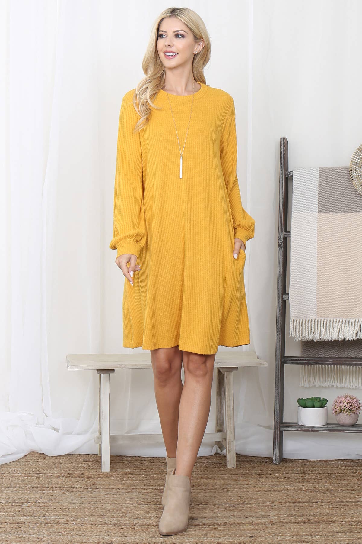 You & Me - Wholesale Dress - Women's - YMD10051V-BRUSHED WAFFLE BUBBLE SLEEVE POCKET DRESS2