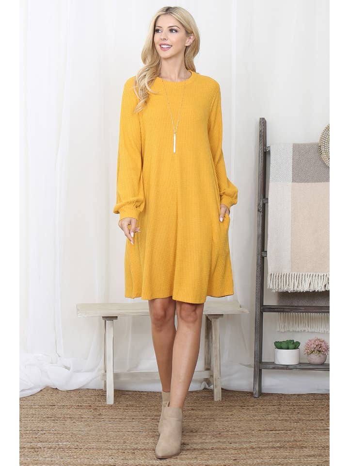 You & Me - Wholesale Dress - Women's - YMD10051V-BRUSHED WAFFLE BUBBLE SLEEVE POCKET DRESS2