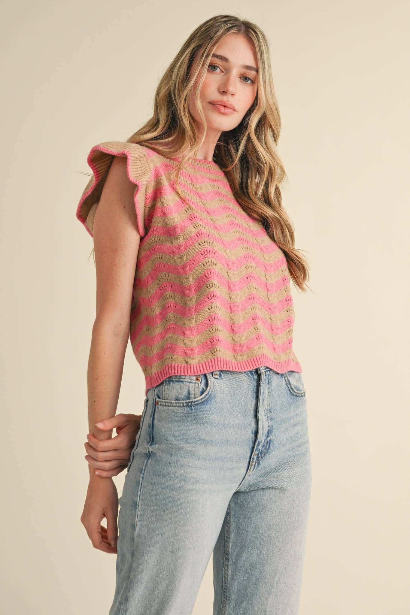 &MERCI - Wholesale Knit Sweater - Women's - WAVY STRIPES FLUTTER SLEEVE SWEATER TOP MSW1050963