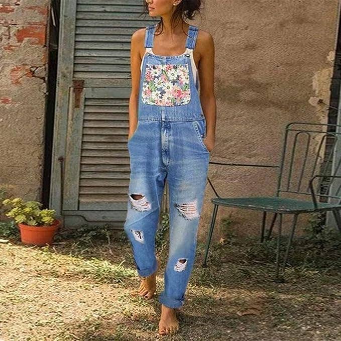 Blue Floral Patch Ripped Denim Overalls for wholesale on Faire