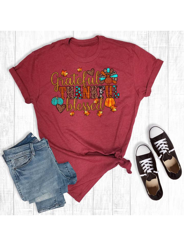 Rebel Rose - Wholesale Screen Printed T-Shirt - Women's - Grateful Thankful Blessed Turkey Cardinal