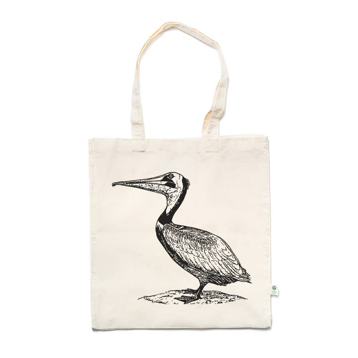 Brown Pelican Screen Printed Organic Cotton Tote Bag for wholesale by Our Wild Puget Sound