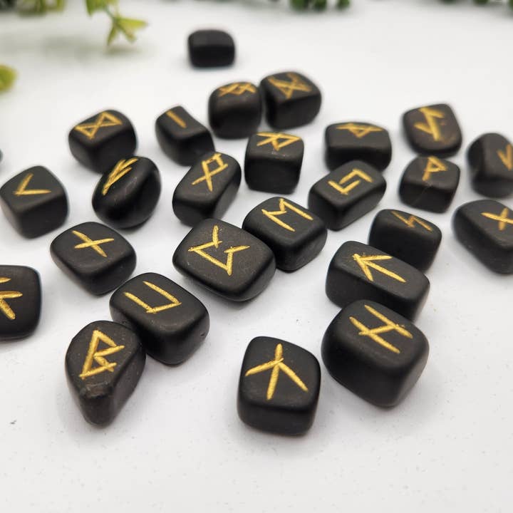 Meraki Gemstones - Wholesale Spiritual Stone/Crystal - Shungite Semi-Precious Gemstone Rune Sets with Velvet Pouch