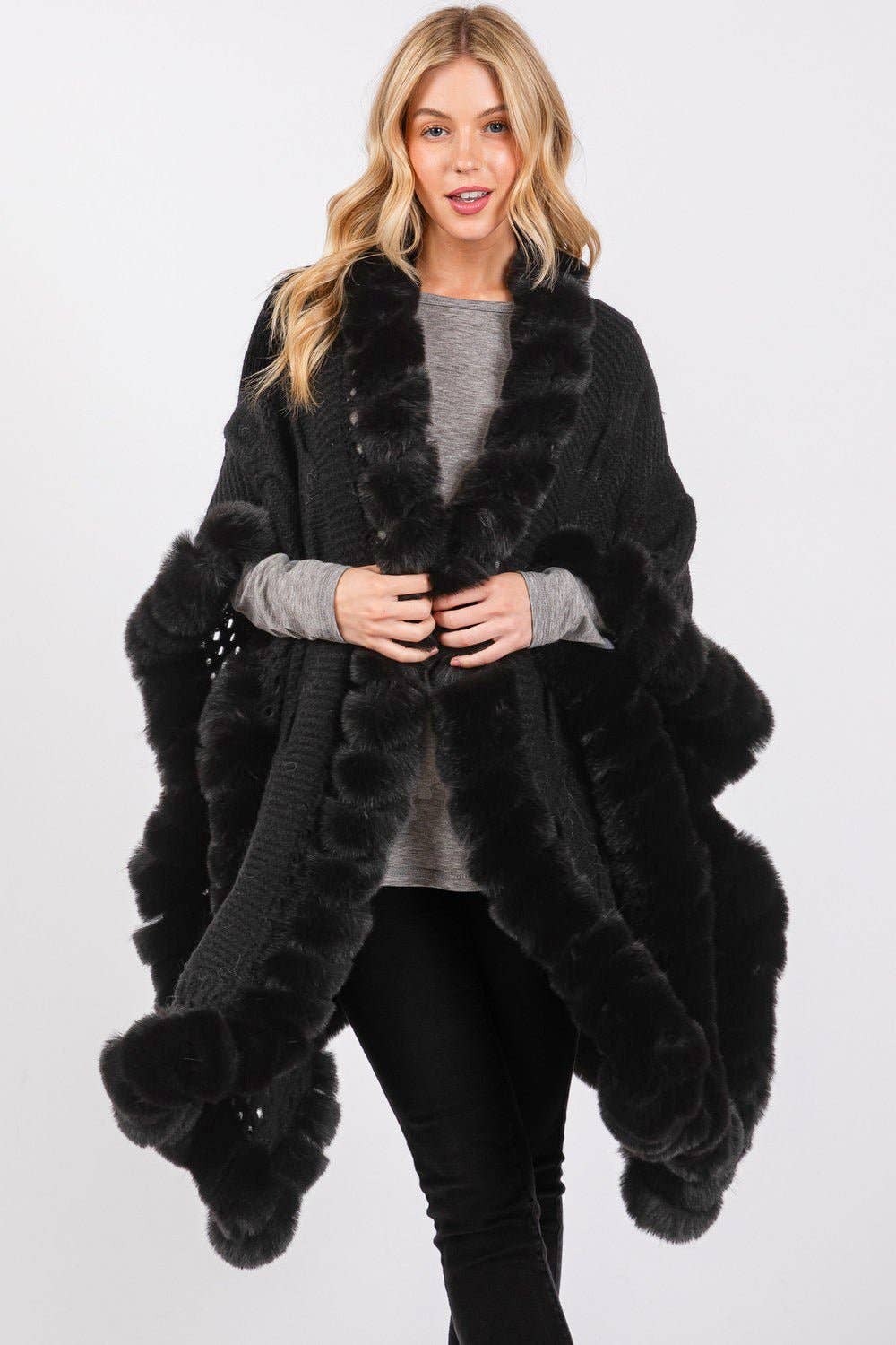 MiMi Wholesale - Wholesale Cape - Women's - MS0408 Faux Fur Trim Cape With Closure15