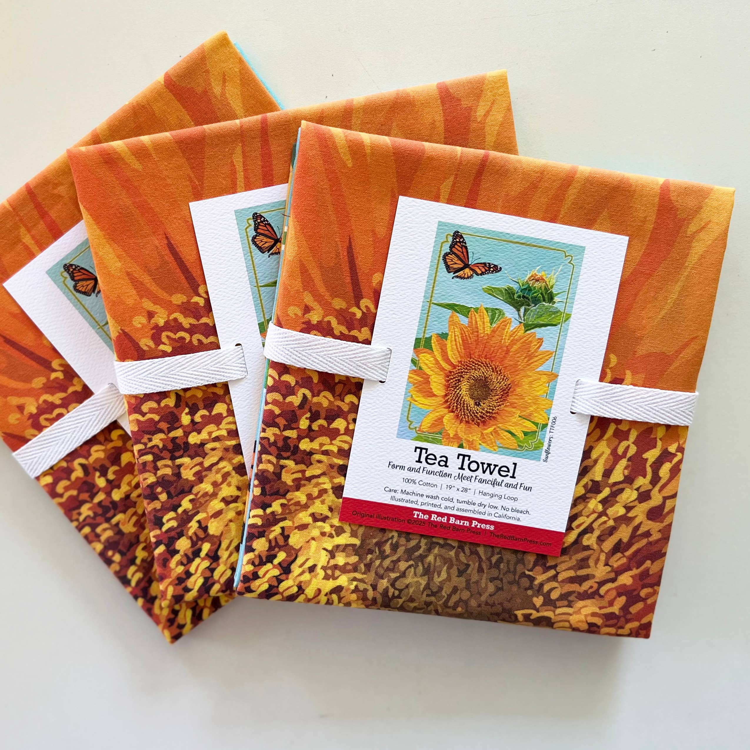 The Red Barn Press - Wholesale Tea Towel - Botanical Tea Towel | Sunflowers and Monarch Dishtowel3