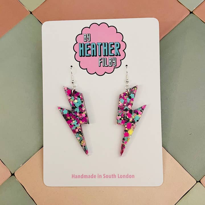 Large Teal, Purple and Black Glitter Lightning Bolt Earrings for wholesale by By Heather Filby