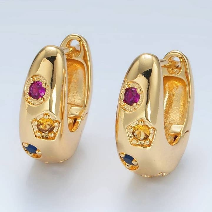 24K Gold Filled 20mm Multicolor Geometric CZ Huggie Earrings | AD757 for wholesale by Aim Eternal