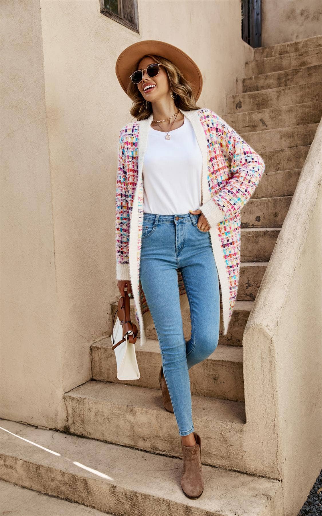 FS Collection (Germany) - Wholesale Cardigan - Women's - Cream Boucle Check Cardigan In Rainbow Multicolour Speckles4