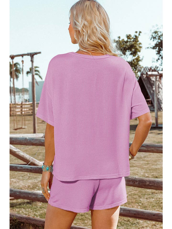 fashionworks - Wholesale Lounge Set - Women's - Fashion-W Ribbed Textured Knit Loose Fit Tee and Shorts Set