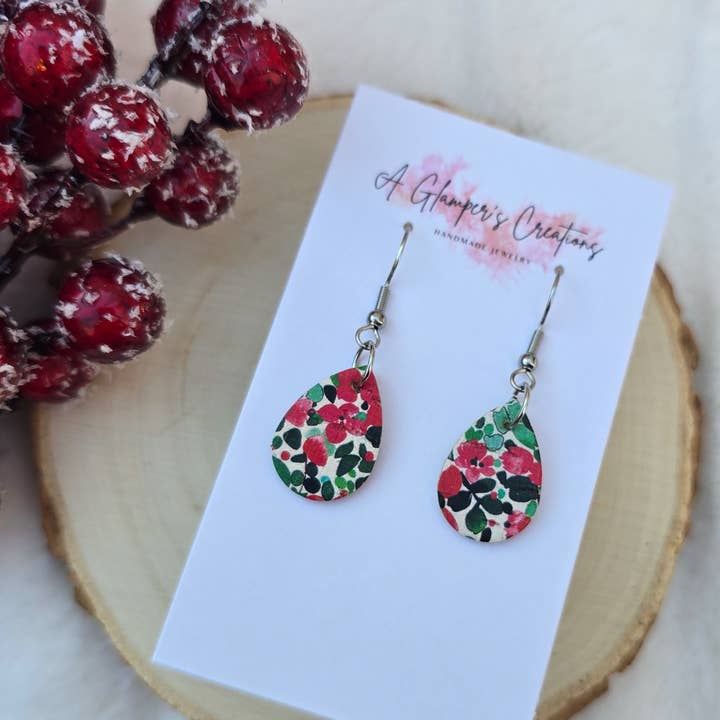 Christmas Floral MINI Teardrop Leather Earrings for wholesale by A Glamper's Creations LLC