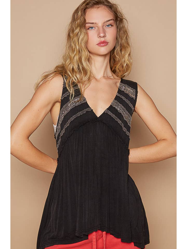 Pol Clothing - Wholesale Knit Top - Women's - Sleeveless loose fit v-neck babydoll casual knit top SALE
