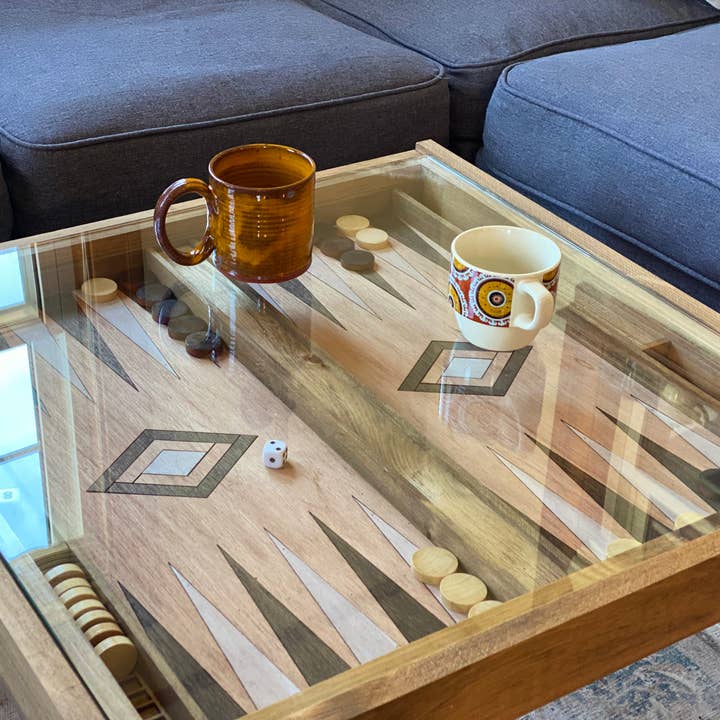 Charles River Woodworks - Wholesale Coffee Table - Rustic Backgammon Coffee Table with removable glass top - 25x25"3