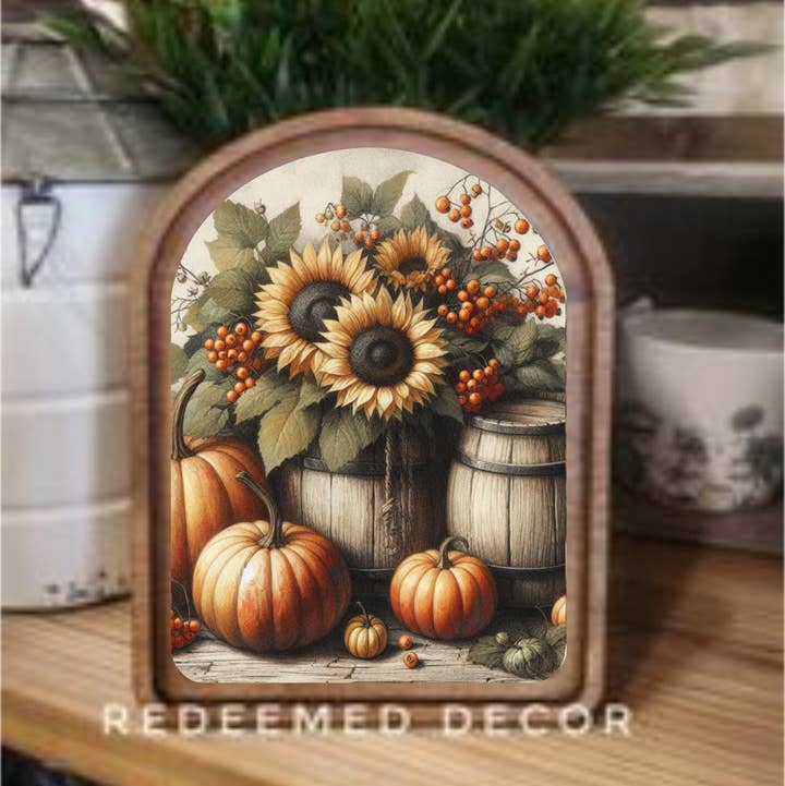 Redeemed Decor - Wholesale Wood Wall Art - Arch Top Sunflower Barrel Framed Art 0