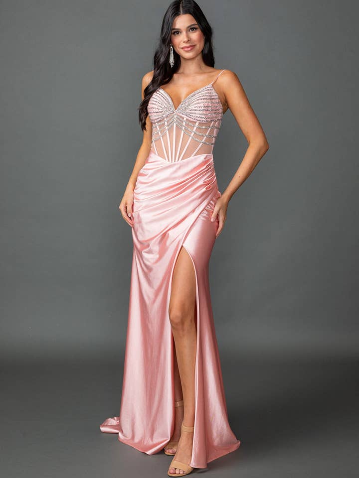Beaded Satin Prom Dress with Sheer Corset Bodice, Spaghetti for wholesale by Dancing Queen Dress