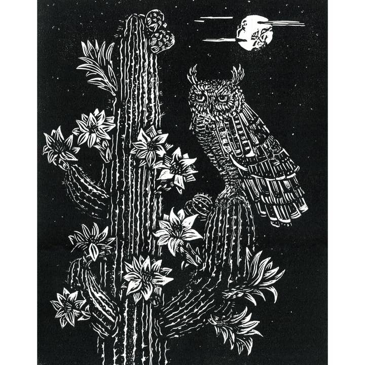 Impression sur linogravure représentant une chouette du désert et des fleurs pour la vente par China Jones Art