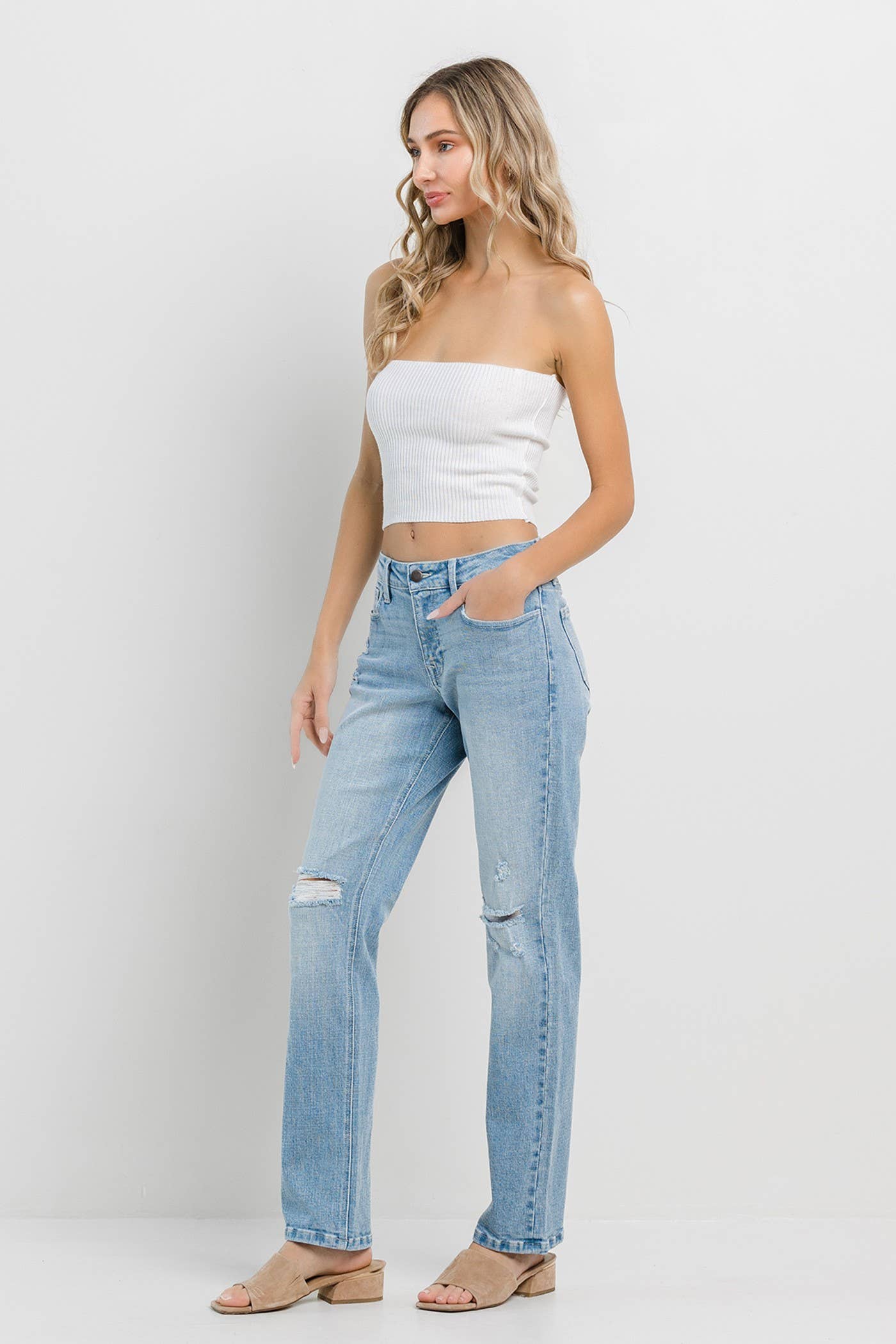 Light Denim Straight with Knee Rips for wholesale on Faire1