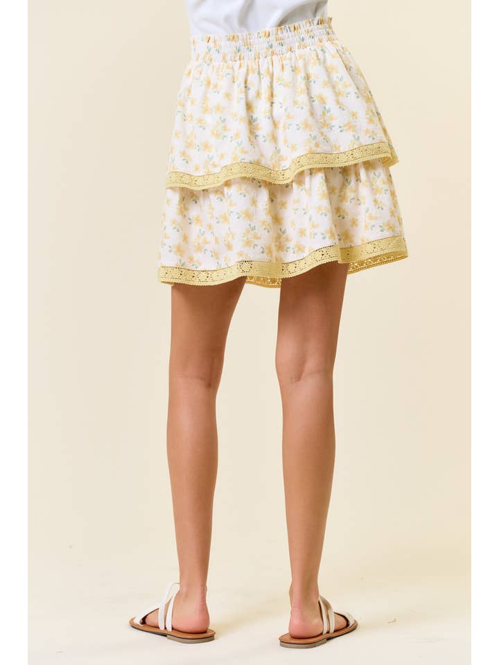 Doe and Rae – Saia - Mulher por atacado – Saia Mini de Renda em Camadas com Estampa Floral Puff - 6551S7