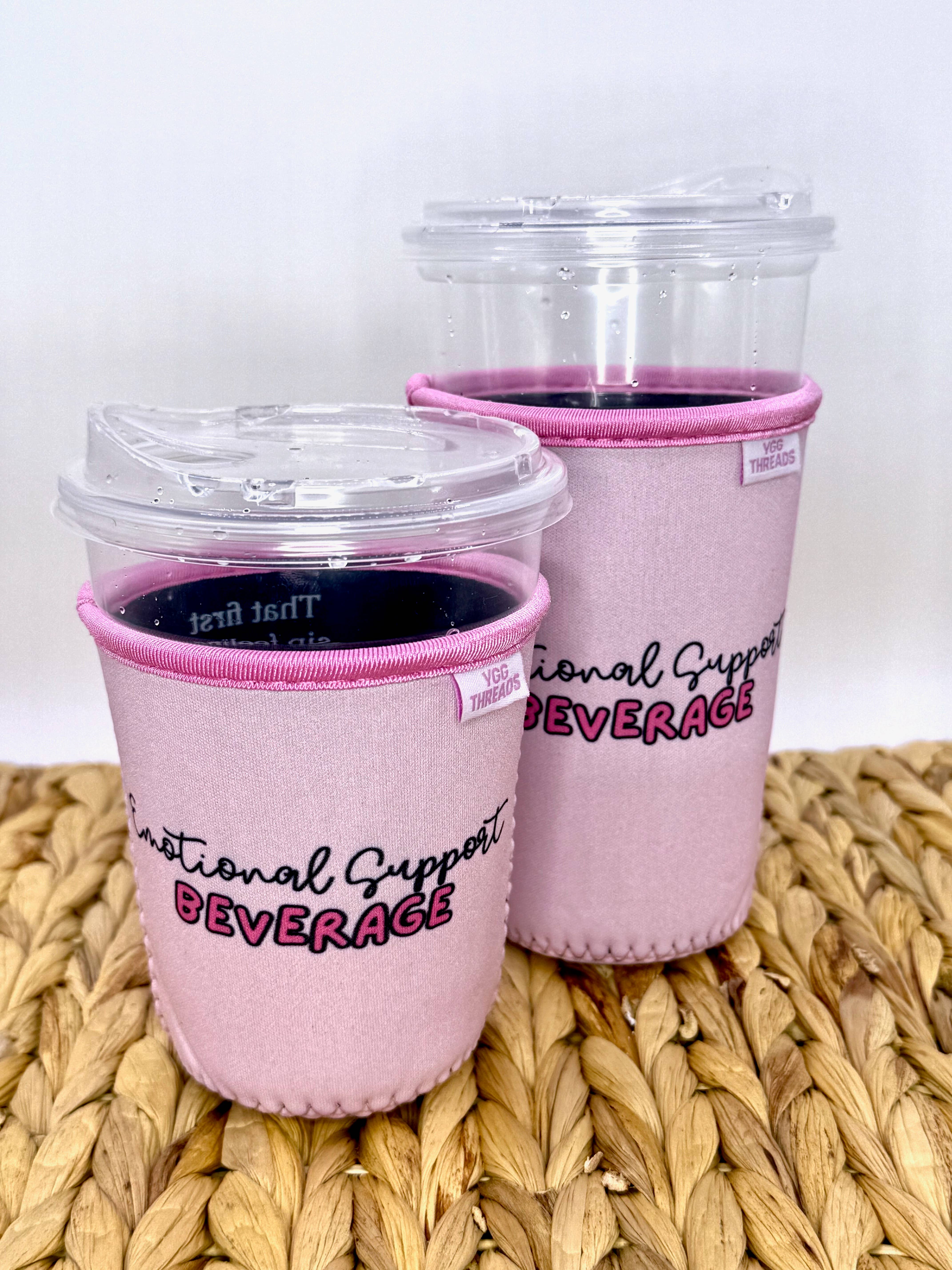 YGG Threads - Wholesale Drink Huggers & Koozies - Pink Emotional Support Iced Coffee Drink Sleeve- Medium1