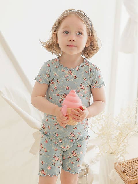 Fleur de menthe Pyjama en viscose à manches courtes menthe à fleurs froncées en vente sur Faire2