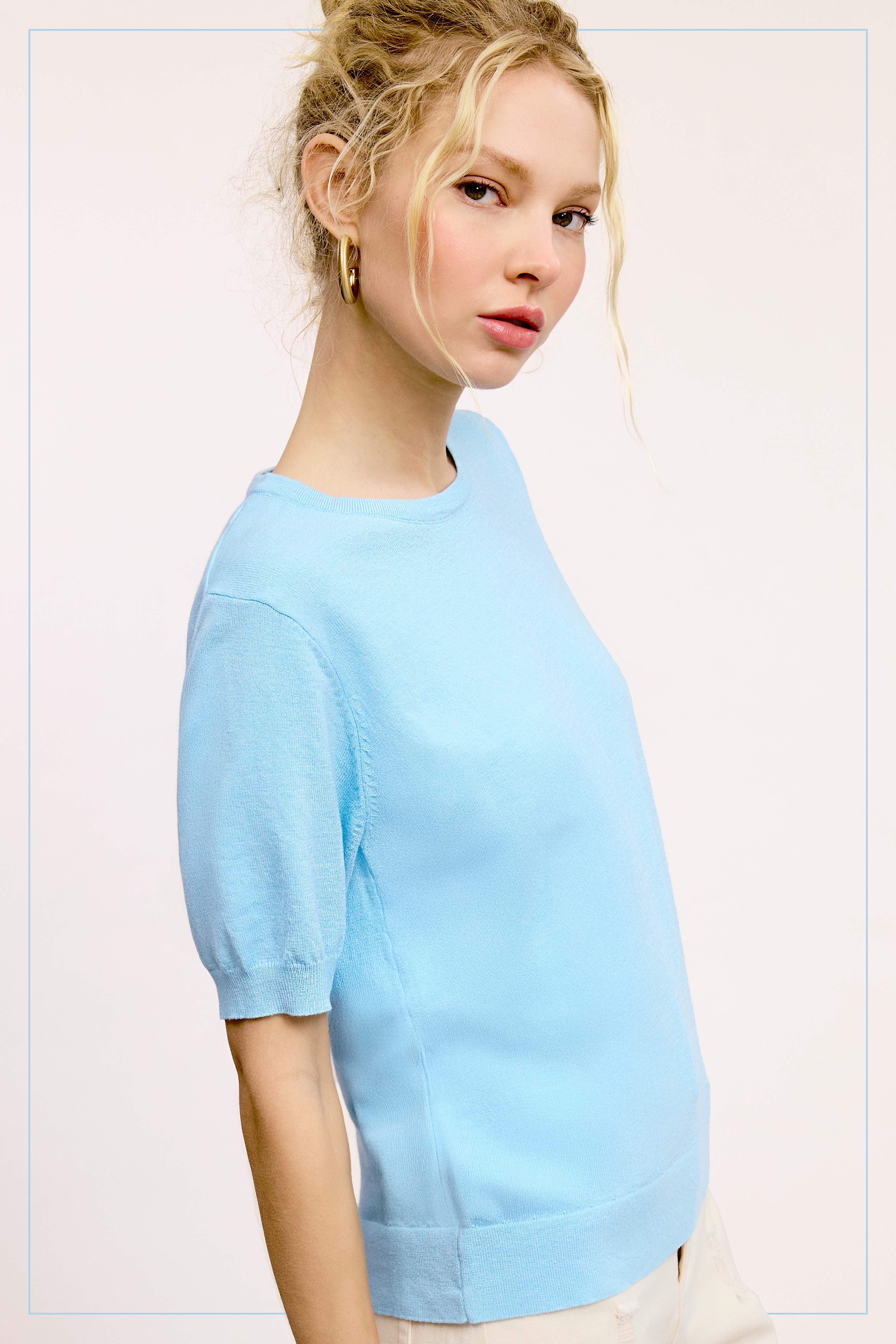 La Miel - Vente Pull en maille – femme - Haut en tricot extensible basique à manches courtes et bouffantes MCS360017