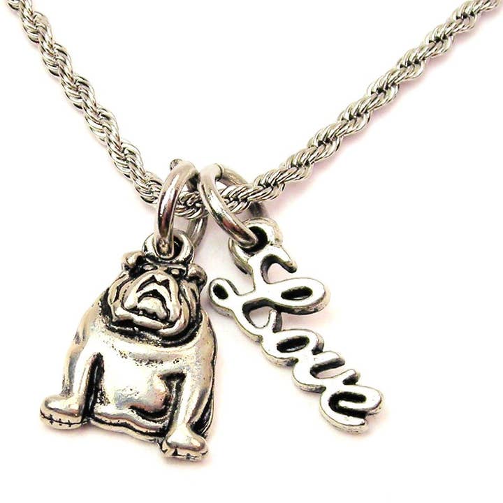 Sitting Bulldog 20" Rope Necklace With Love Dog Lover Breeds for wholesale by Chubby Chico Charms