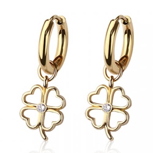 PAIR OF 316L STAINLESS STEEL HUGGIE/HOOP CENTER CZ CLOVER DA for wholesale by CRAVE