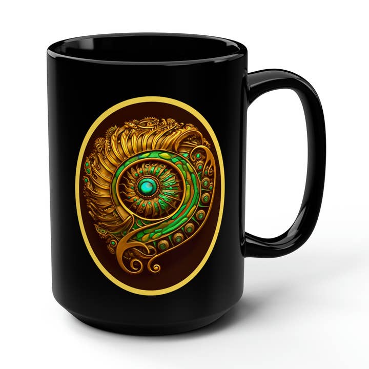 Medaillon in Gold und Grün — Schwarzer Becher, 350 ml für den Großhandel von Lilly's Artwork