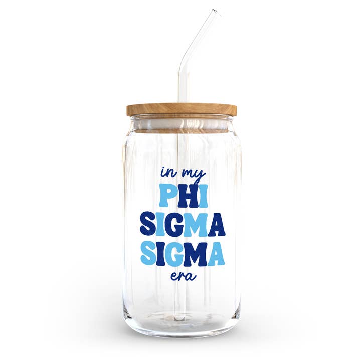 Tasse en verre Phi Sigma Sigma Era avec couvercle et paille pour la vente par Golden Sol Collective