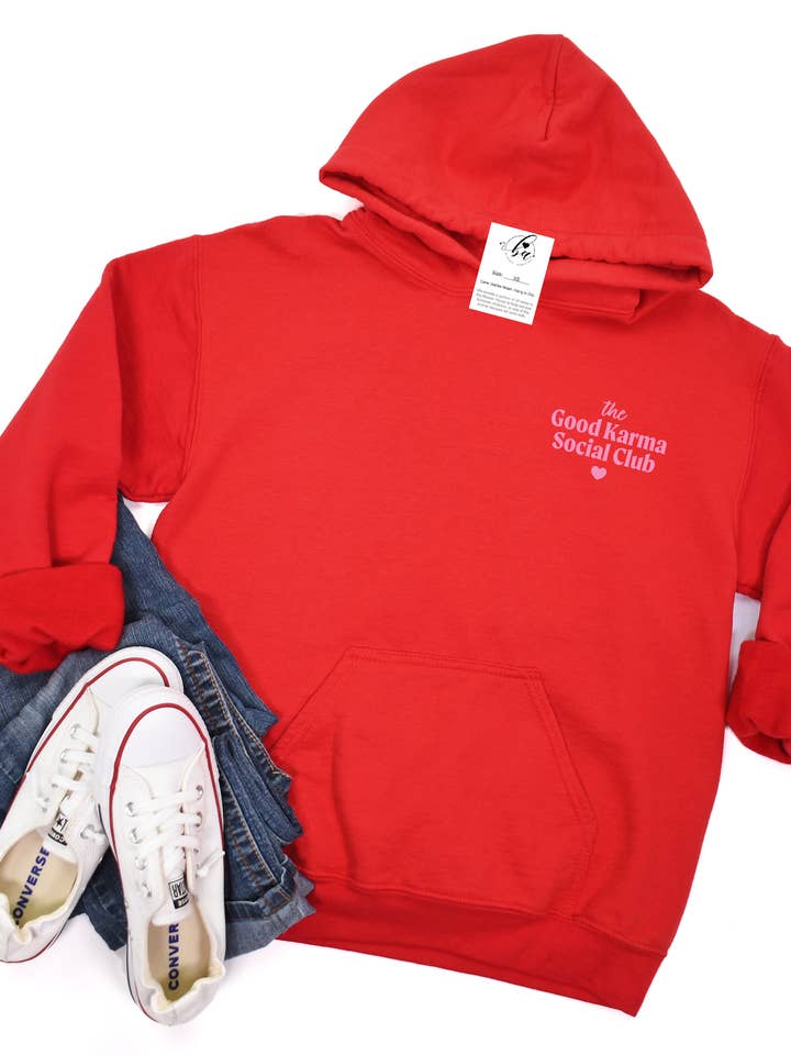 Le sweat à capuche brodé confortable du Good Karma Social Club pour la vente par Blonde Ambition Apparel & Designs