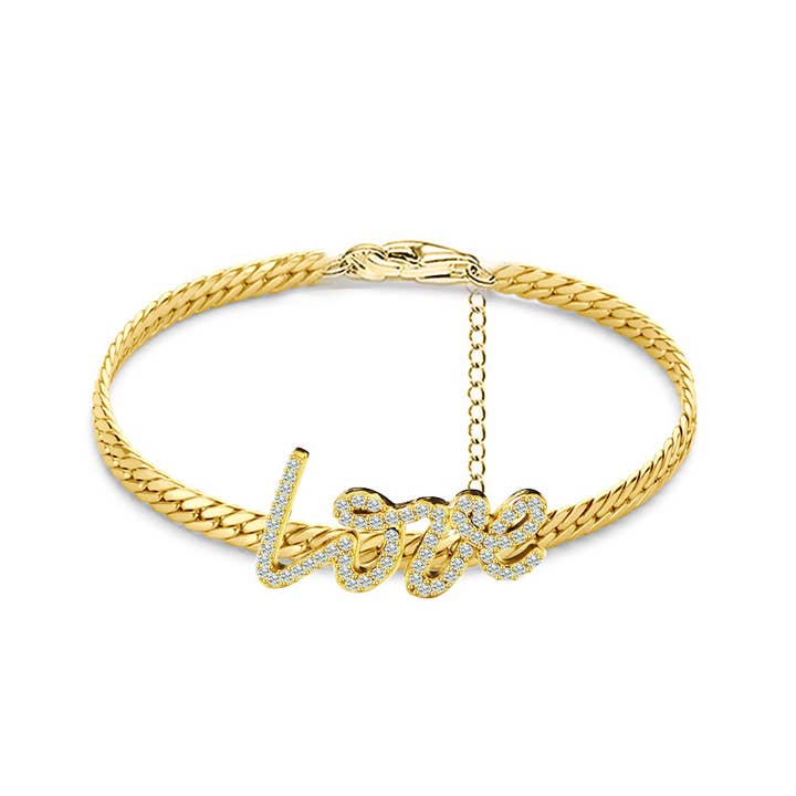 FLAT CUBAN CHAIN BRACELET WITH 'LOVE' INSCRIPTION IN ZIRCONIA for wholesale by AMORINO SRL