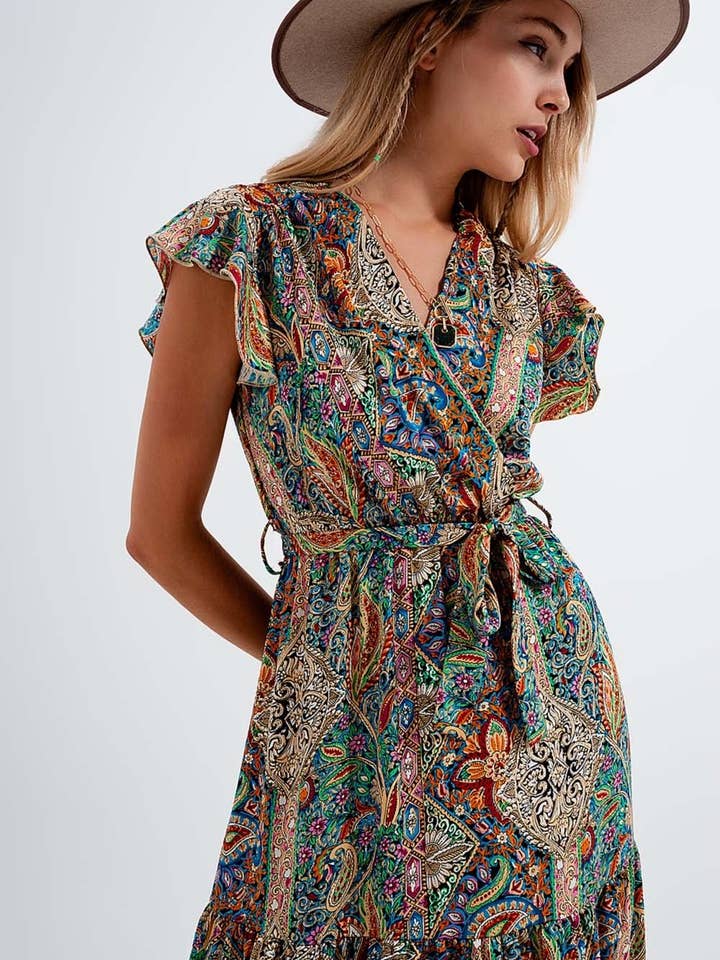 Verde Abito midaxi vestito con orlo volant in stampa paisley verde in vendita all'ingrosso su Faire3