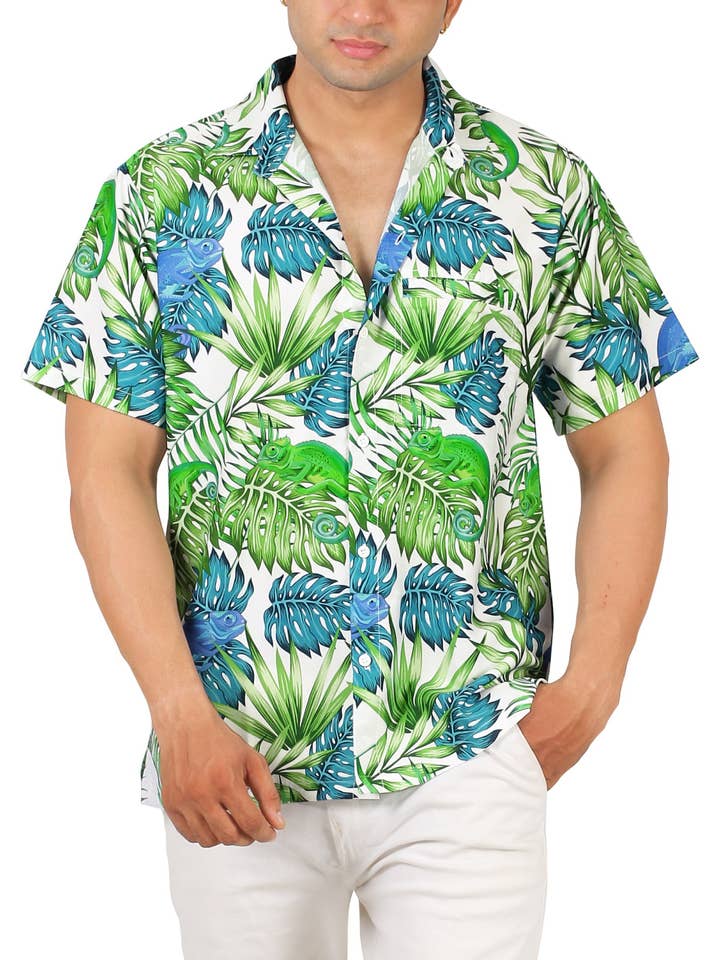 La Leela Men's Monstera Leaf Printed White Hawaiian Shirt for wholesale by LA LEELA \ HAPPY BAY