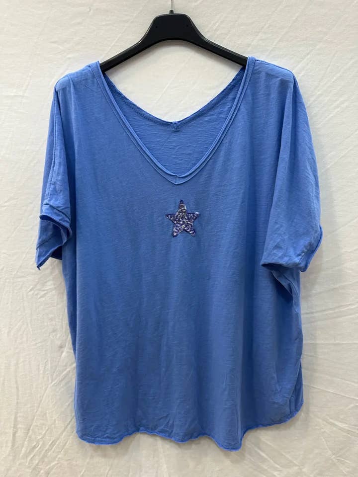 Mimi & Gogo – Großhandel T-Shirt – Damen – Damen-T-Shirt mit doppeltem V-Ausschnitt und Paillettenstern15