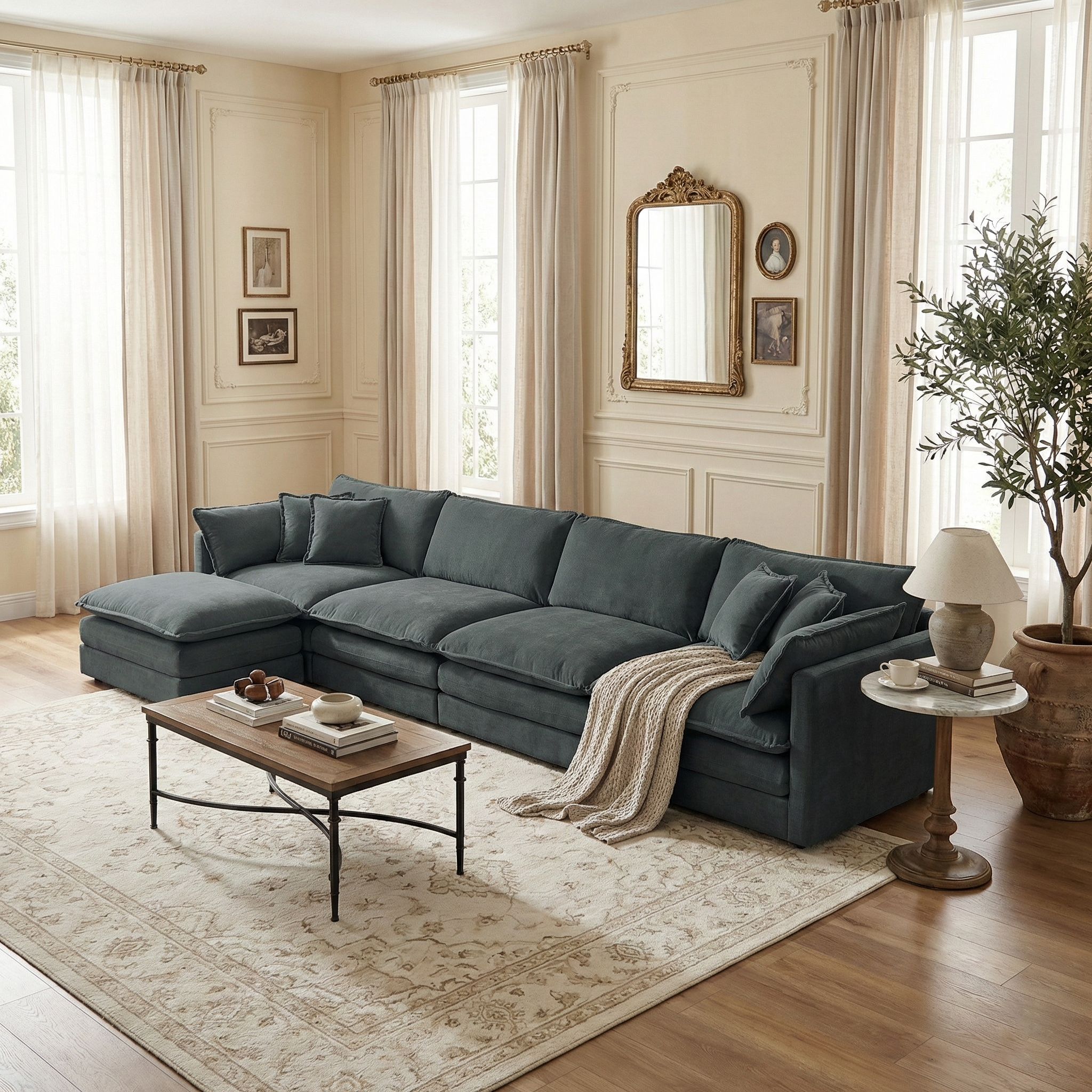 HOMYCASA DESIGN INC - Vente Canapés - Canapé d'angle modulaire en chenille rembourrée Fremont 147" en forme de L avec ottomane30