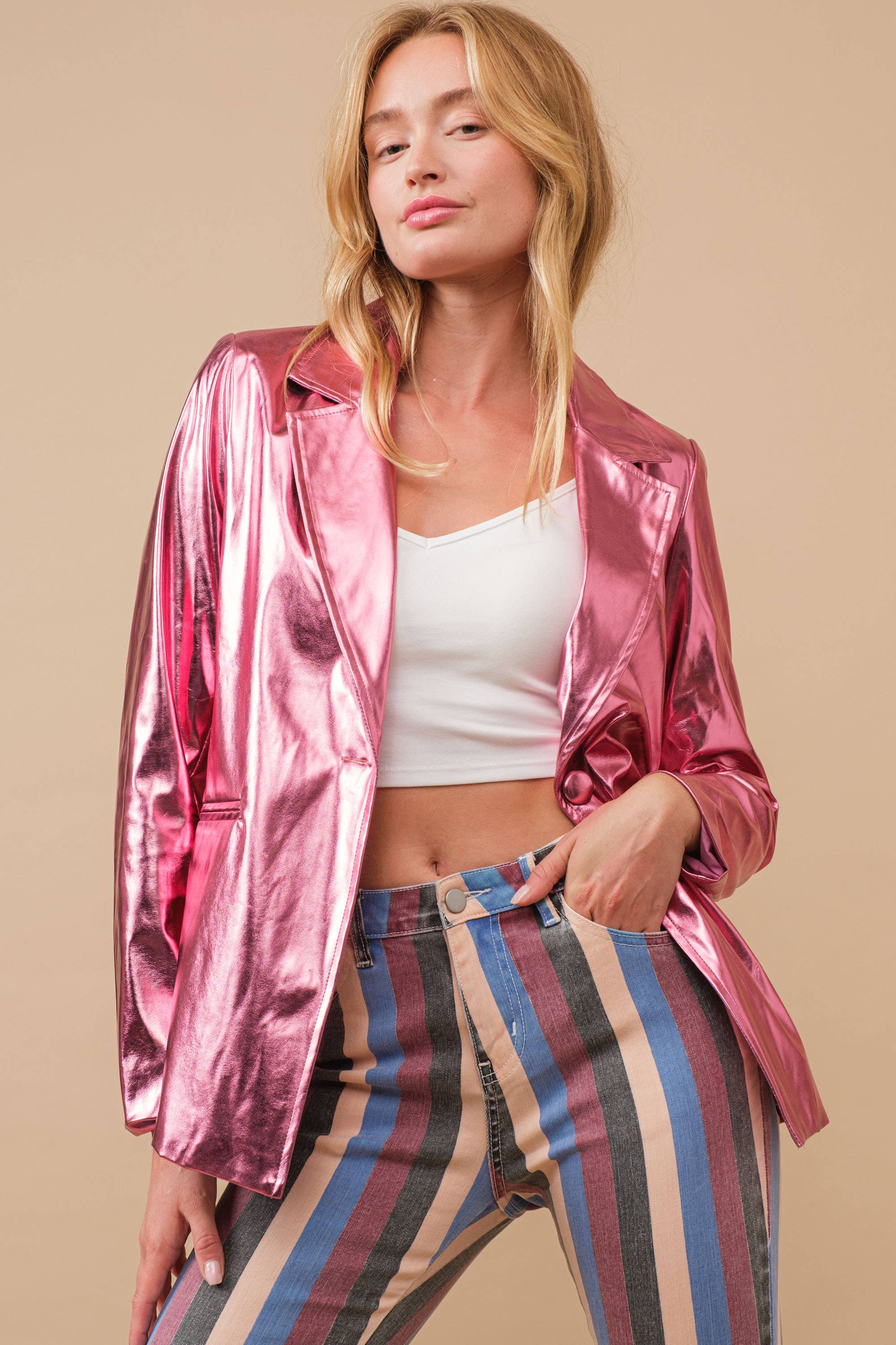 Blue B - Wholesale Blazer - Women's - 61245J - Metallic Pu Loose Single Blazer Jacket2