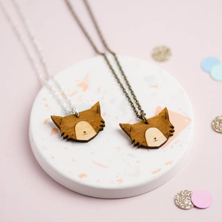 Wooden Cat Necklace for wholesale by Ginger Pickle